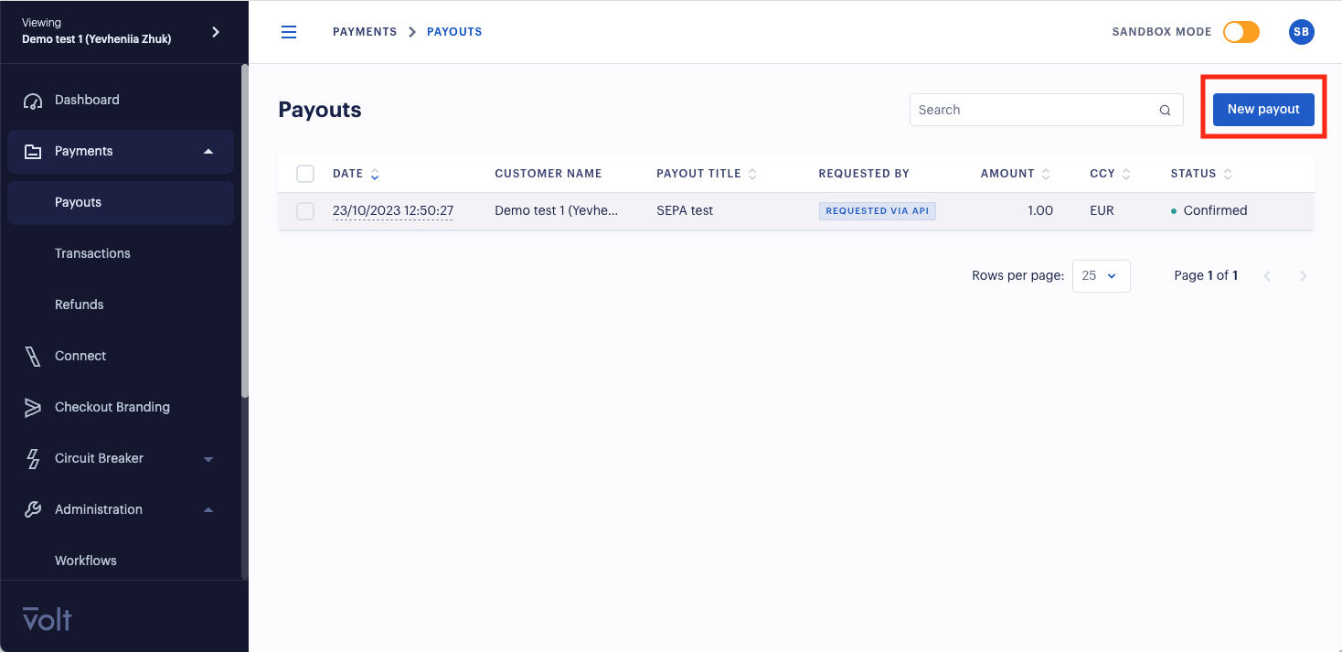 Payout screen