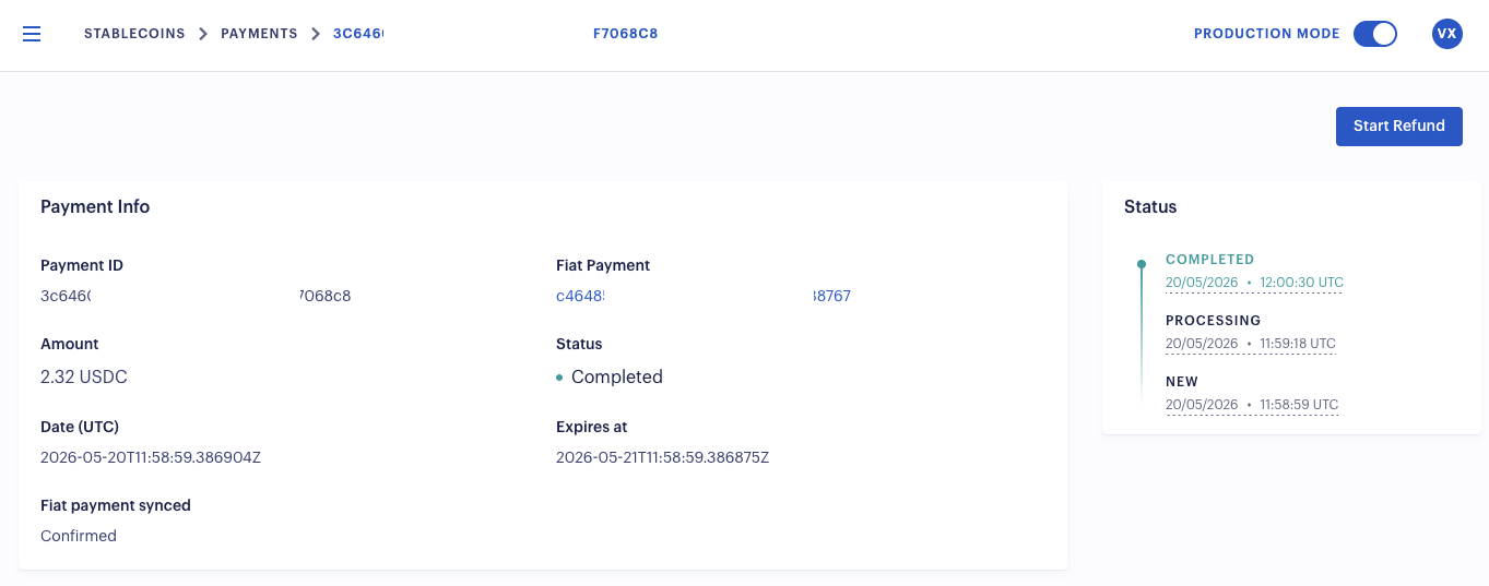 Start Refund button on the payment details page