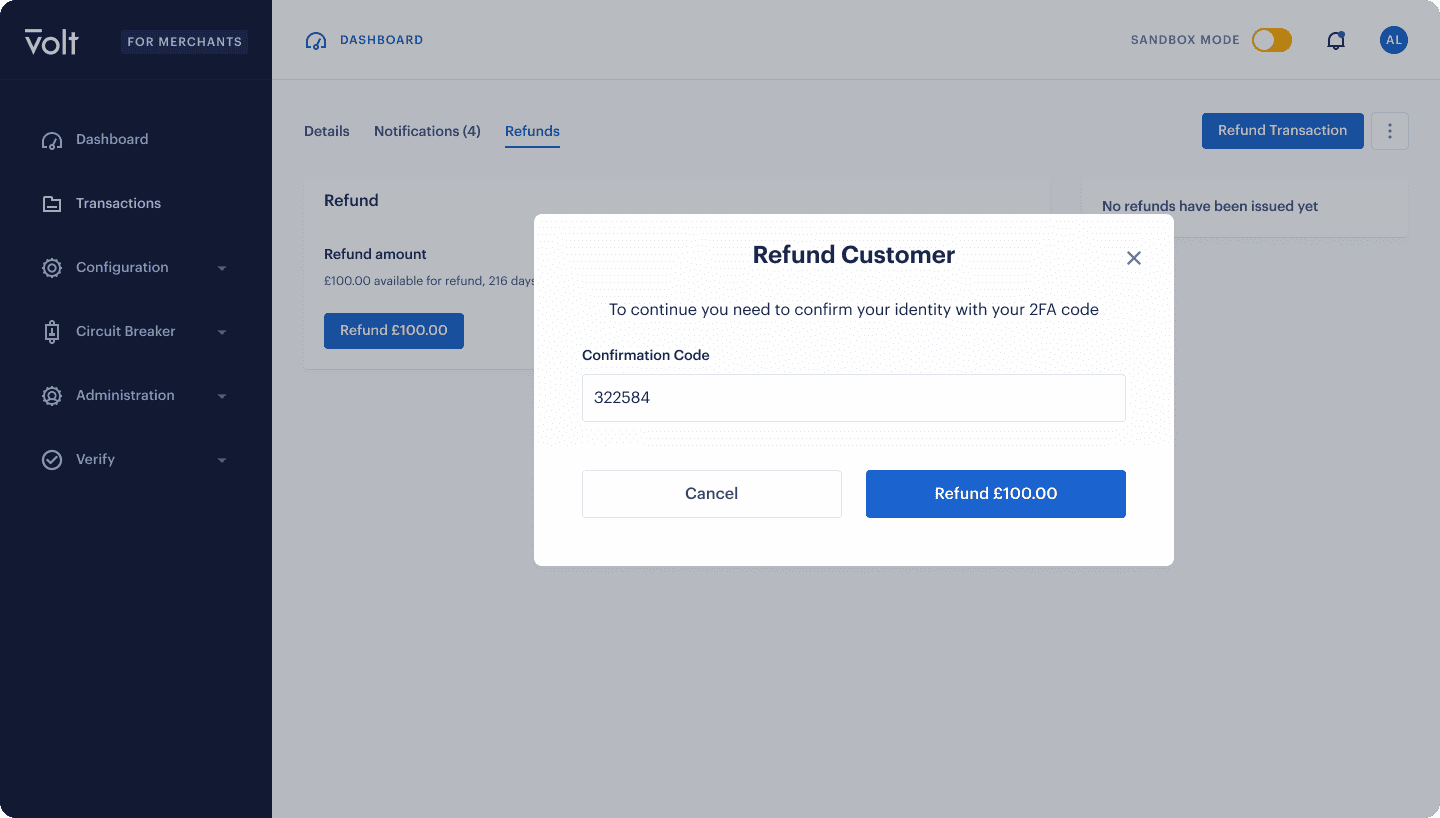 Two-factor authentication for refunds