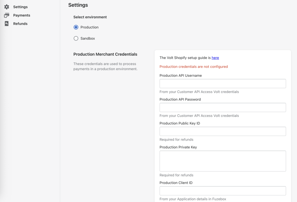 Shopify configuration screen